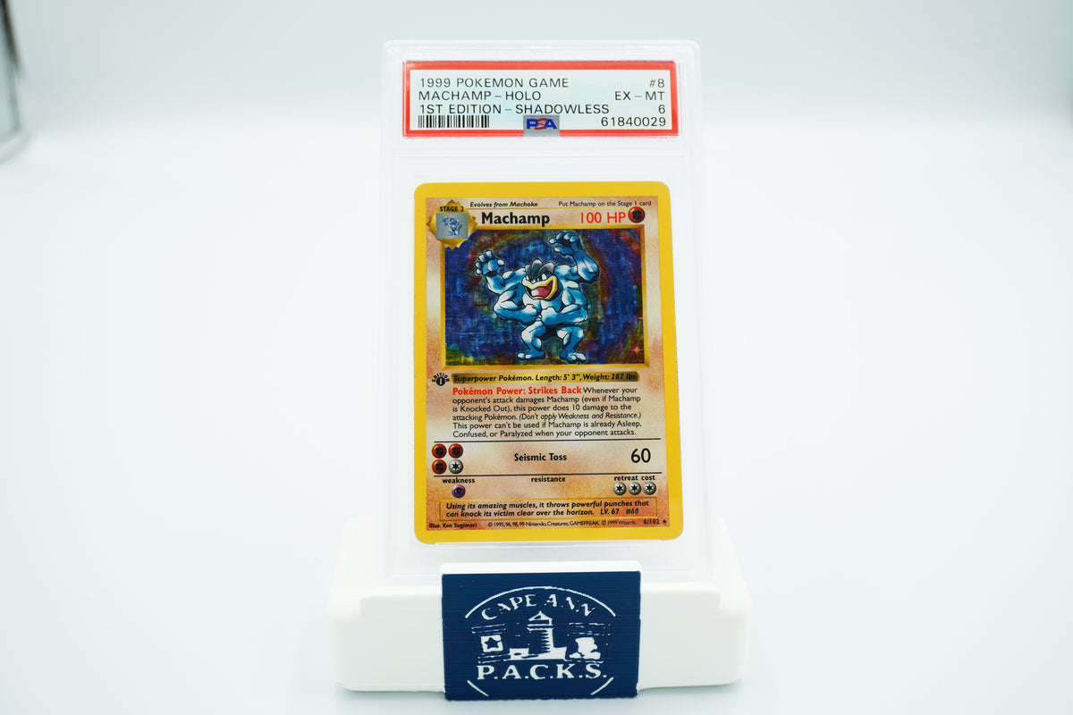 1999 Machamp Base Set 1st Edition Shadowless PSA 8